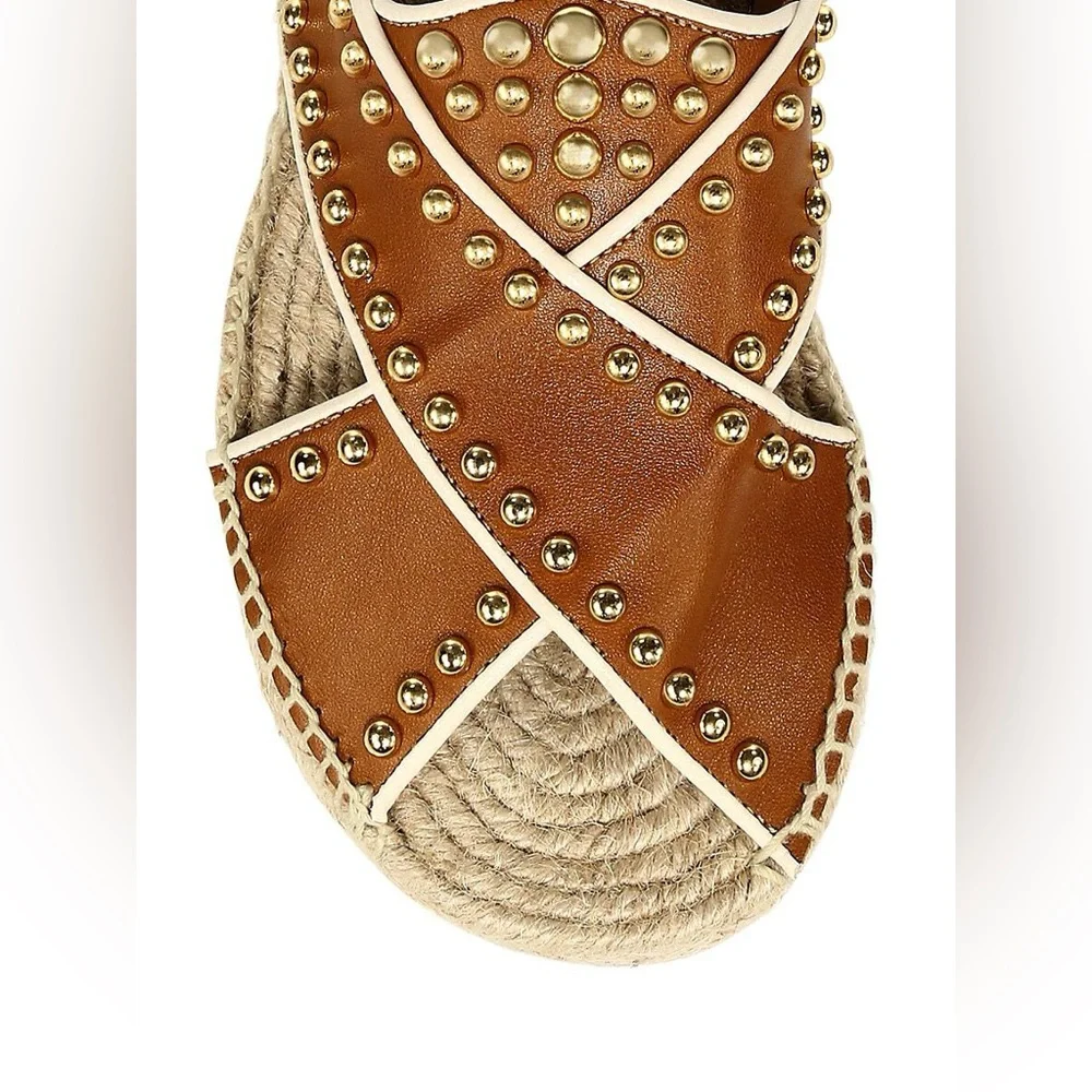 See By Chloé Pia Studded Crisscross Leather Espadrille Slides in Tan